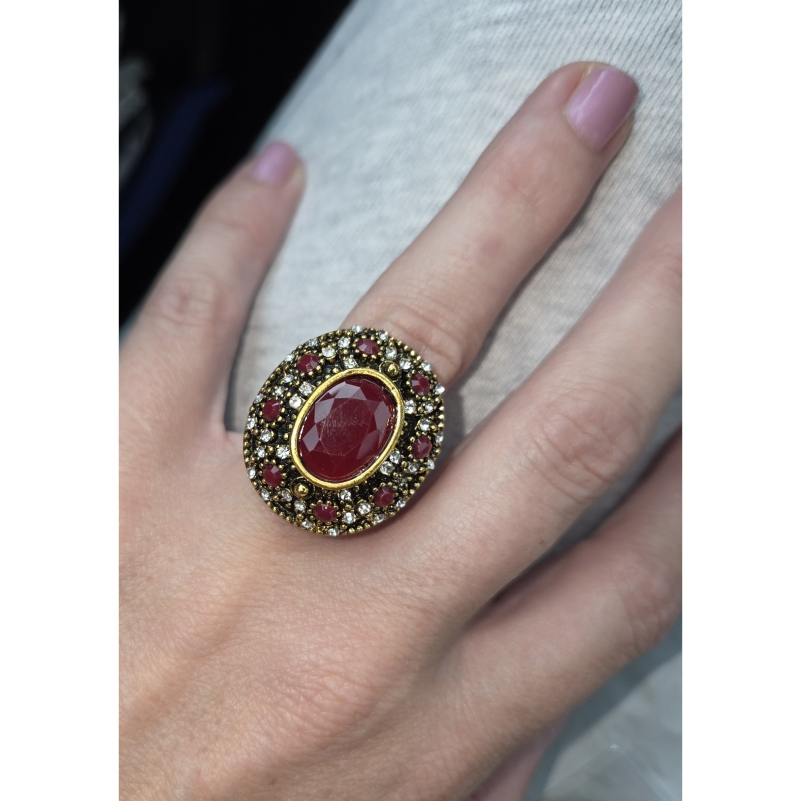 Large Oval Two Tone Red And White Cz Ring. Boho. Heavy. Statement Piece. 7